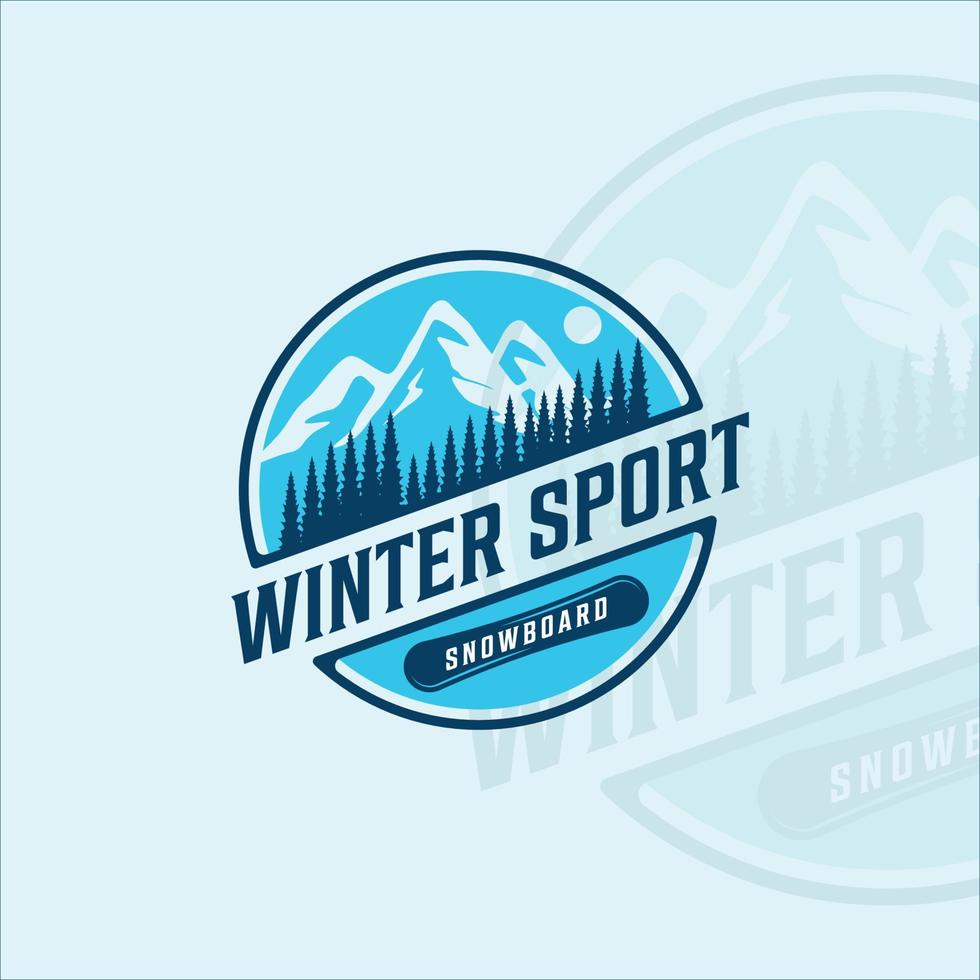 diseño gráfico del icono de la plantilla de ilustración vectorial del logotipo de snowboard y montaña. paisaje para símbolo de deporte de invierno o signo con placa vector