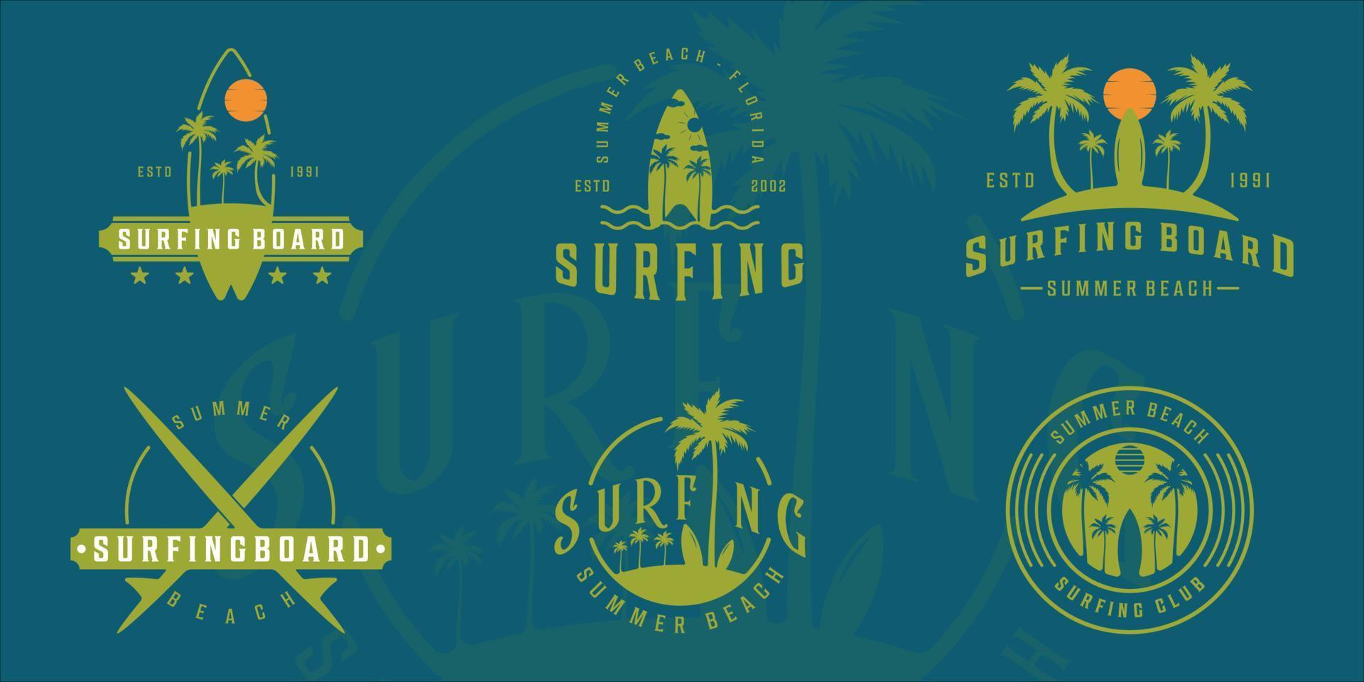 conjunto de tablas de surf en el logotipo de la playa icono de plantilla de ilustración vectorial vintage diseño gráfico. colección de paquetes de varios signos y símbolos de tablas de surf con estilo tipográfico para viajes y negocios vector