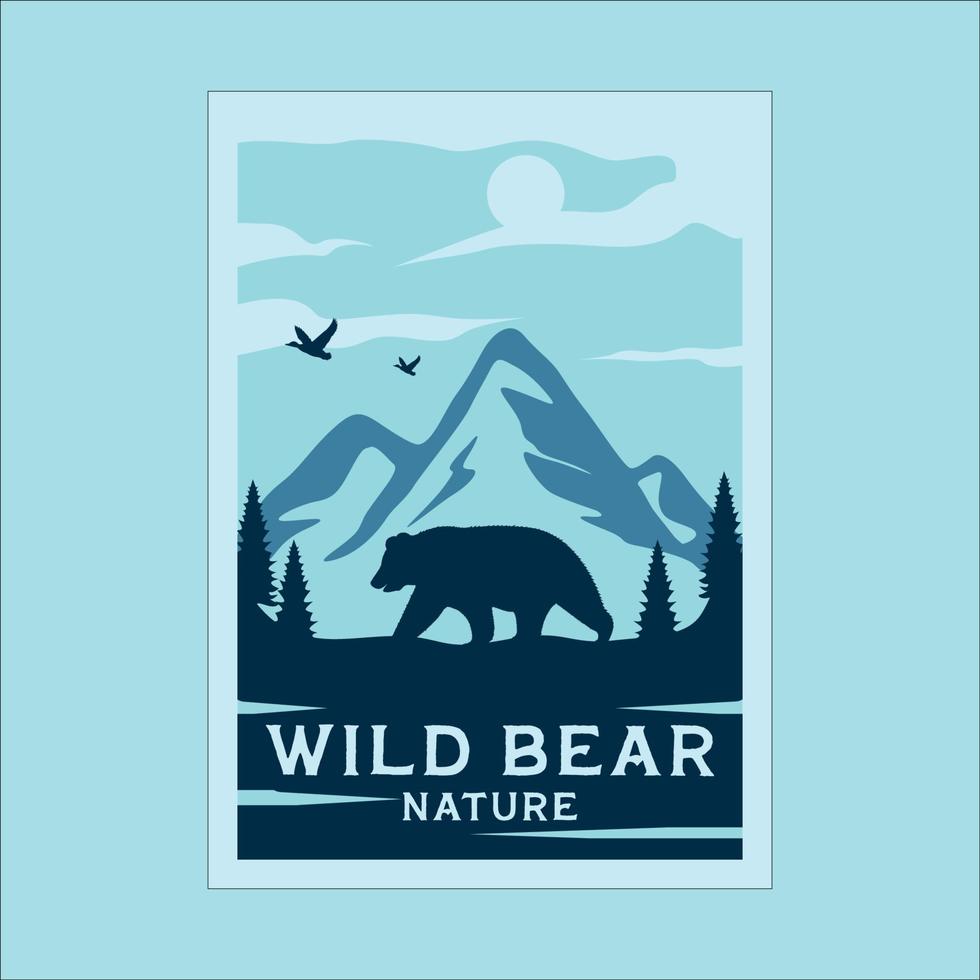 diseño gráfico de la plantilla de ilustración de póster vintage minimalista al aire libre del parque nacional. oso de vida silvestre en el bosque con un concepto retro simple vector