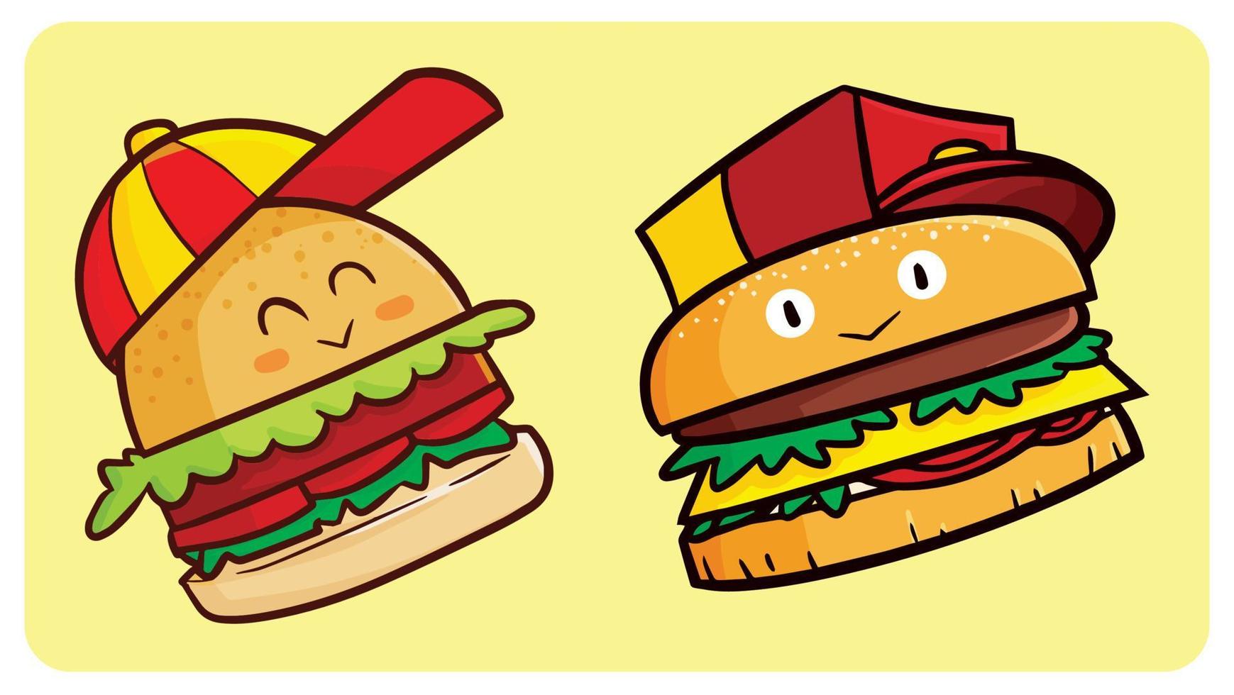 Funny hamburger characters wearing hat vector