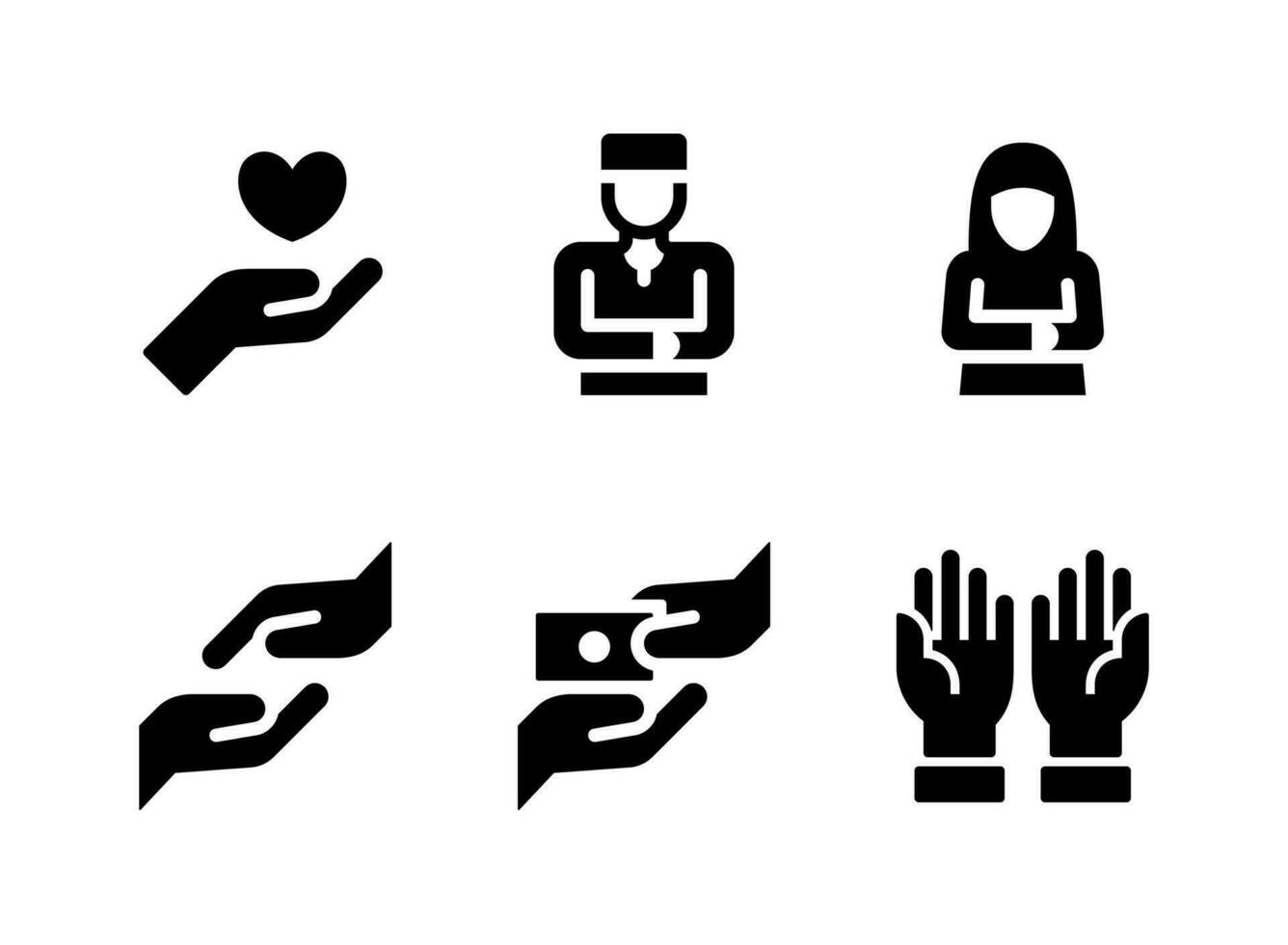 conjunto simple de iconos sólidos vectoriales relacionados con la religión musulmana. contiene íconos como caridad, hombre rezando, mujer y más. vector