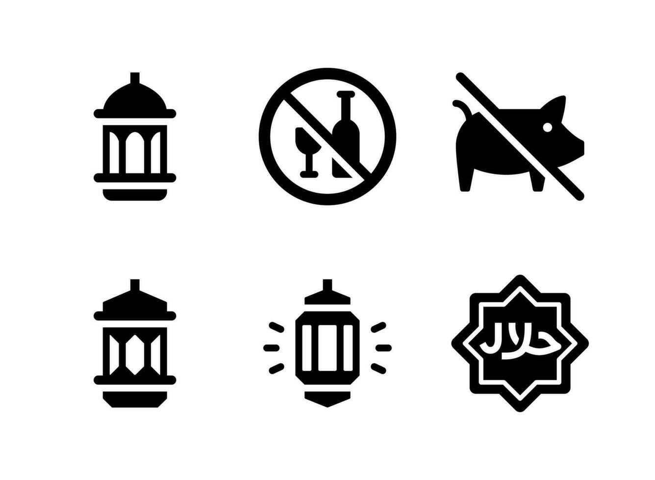 Simple Set of Ramadan Related Vector Solid Icons. Contains Icons as Lantern, No Drinking, Halal Label and more.