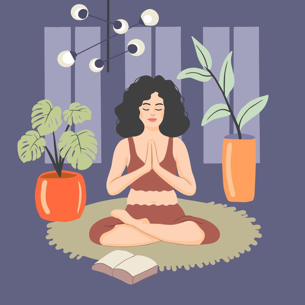Young woman practicing yoga at home. Girl performing meditation practice for mental and physical well-being. Vector illustration in flat colorful style.