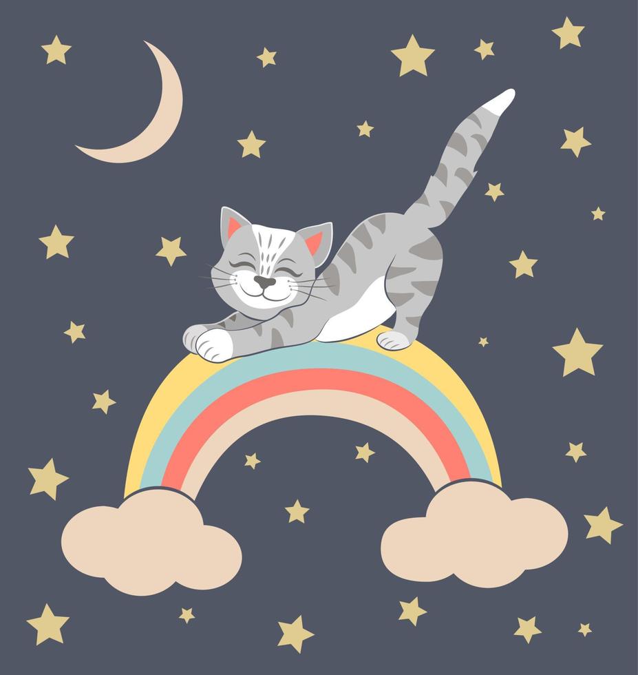 Cute colorful vector of a cat on a rainbow. Illustration for decoration of nursery, children spaces.