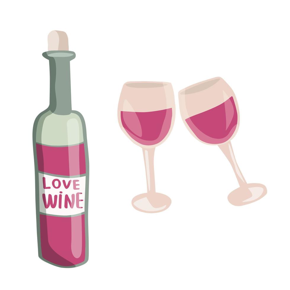 A bottle of wine and two glasses with wine. Vector illustration in flat, handdrawn style. Clipart for Valentine's day posters, postcards and messages.