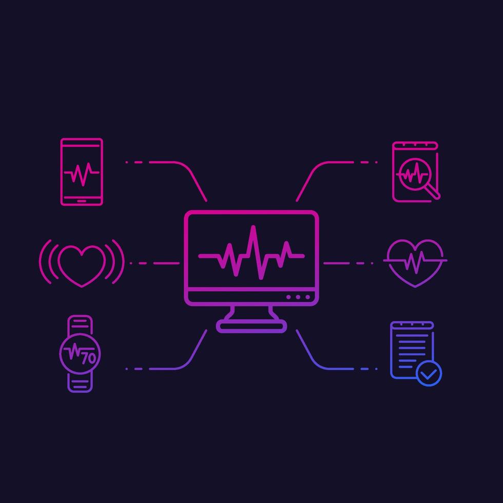 ecg, heart diagnostic, electrocardiography linear vector icons