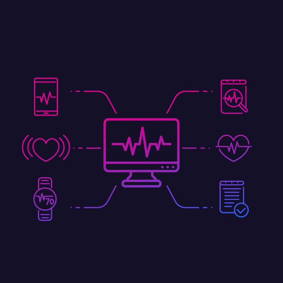 ecg, heart diagnostic, electrocardiography linear vector icons