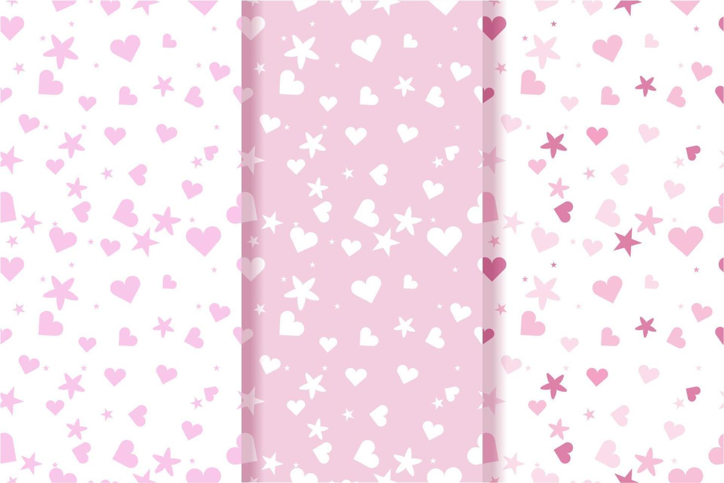 Seamless pattern background vector set with cute love hearts and stars. In pink and purple baby child colors. Endless romantic texture for textile printing, wrapping paper, gift paper, clothes, towels