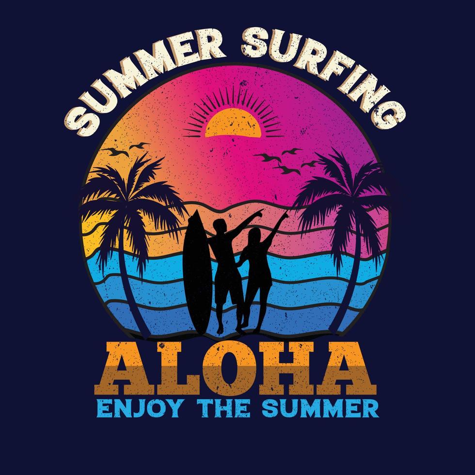 aloha beach verano surf diseño de camiseta vintage para pareja amante vector