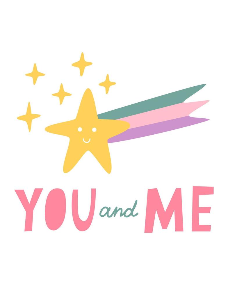 Cute card for Valentine's Day, hand draw cute star and sparks, lettering YOU and ME. Vector illustration for typography.