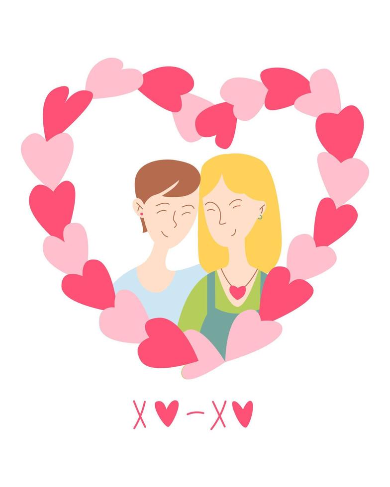 Cute card for Valentine's Day, hand draw lesbian, bi couple in frame of hearts. Vector illustration for typography.