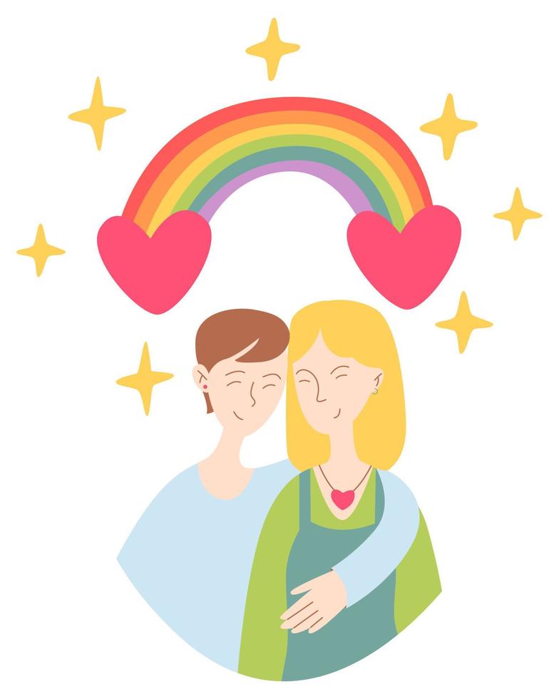 Cute card for Valentine's Day, hand draw lesbian, bi couple, rainbow with heart and sparks. Vector illustration for typography.