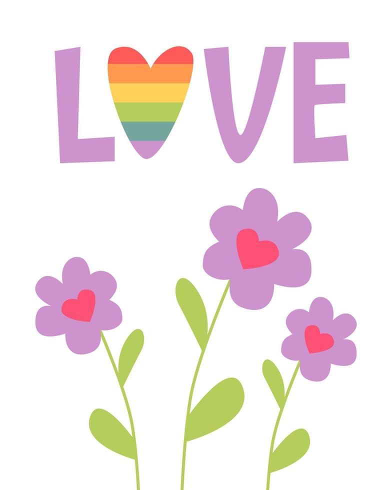 Cute card for Valentine's Day, hand draw flowers with heart and lettering LOVE. Vector illustration for typography.