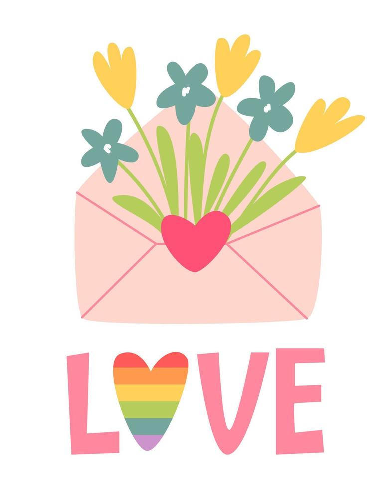 Cute card for Valentine's Day, hand draw envelope with flowers, heart and lettering LOVE. Vector illustration for typography.