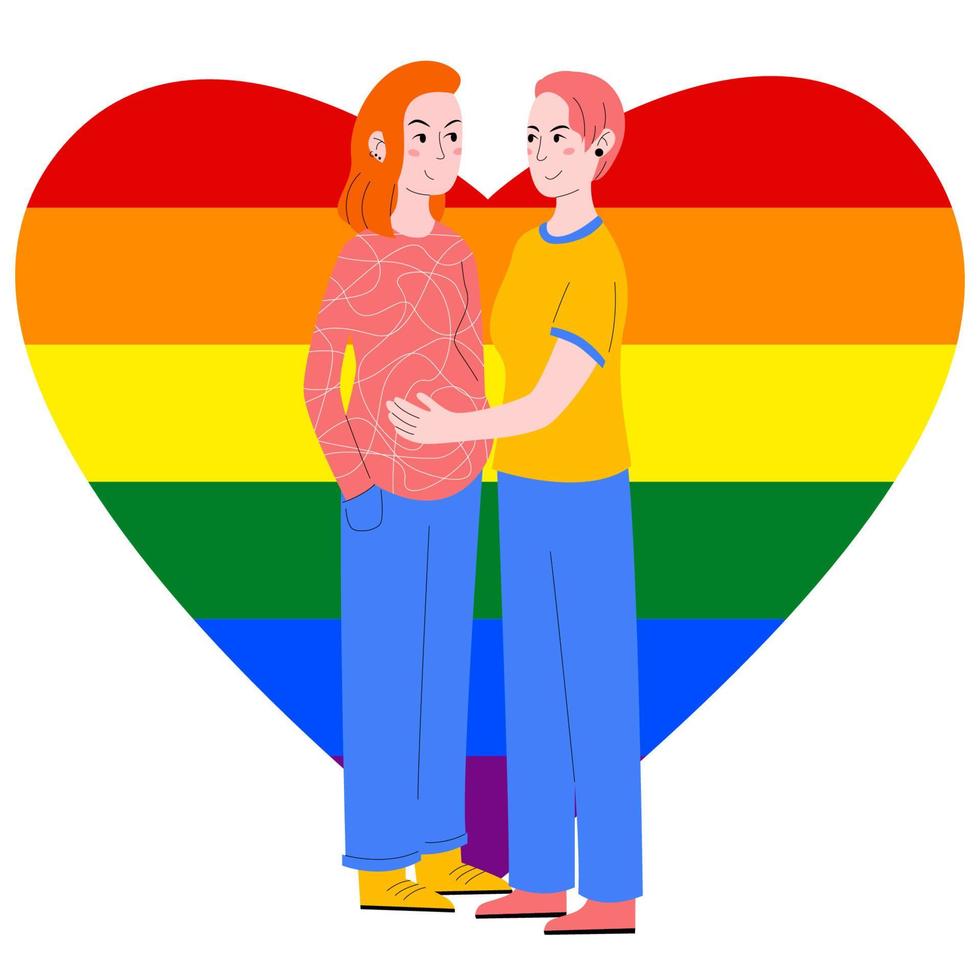 Pregnant lesbian, lesbian family, artificial insemination. Girl touches the belly of her pregnant wife against the background of lgbt hearts. Vector illustration in cartoon flat style.