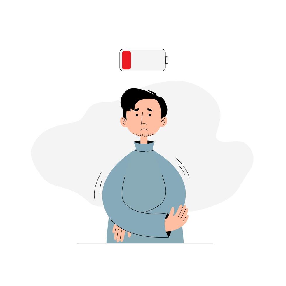 Emotional and professional burnout concept. A sad man with a low battery in a flat style. Stress, depression, mental disorders. Hard work. Vector illustration on a white background.