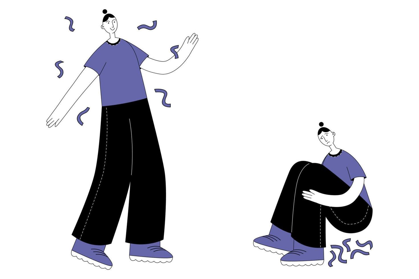 Depressive and manic episode, mood swings, sad and happy face. Concept bipolar disorder, borderline personality disorder, manic depression, mental disorder for web design. Flat vector illustration.
