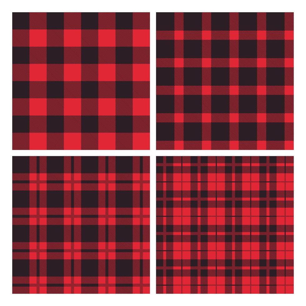 Red and black lumberjack gingham plaid seamless pattern set. Buffalo flannel motif. vector