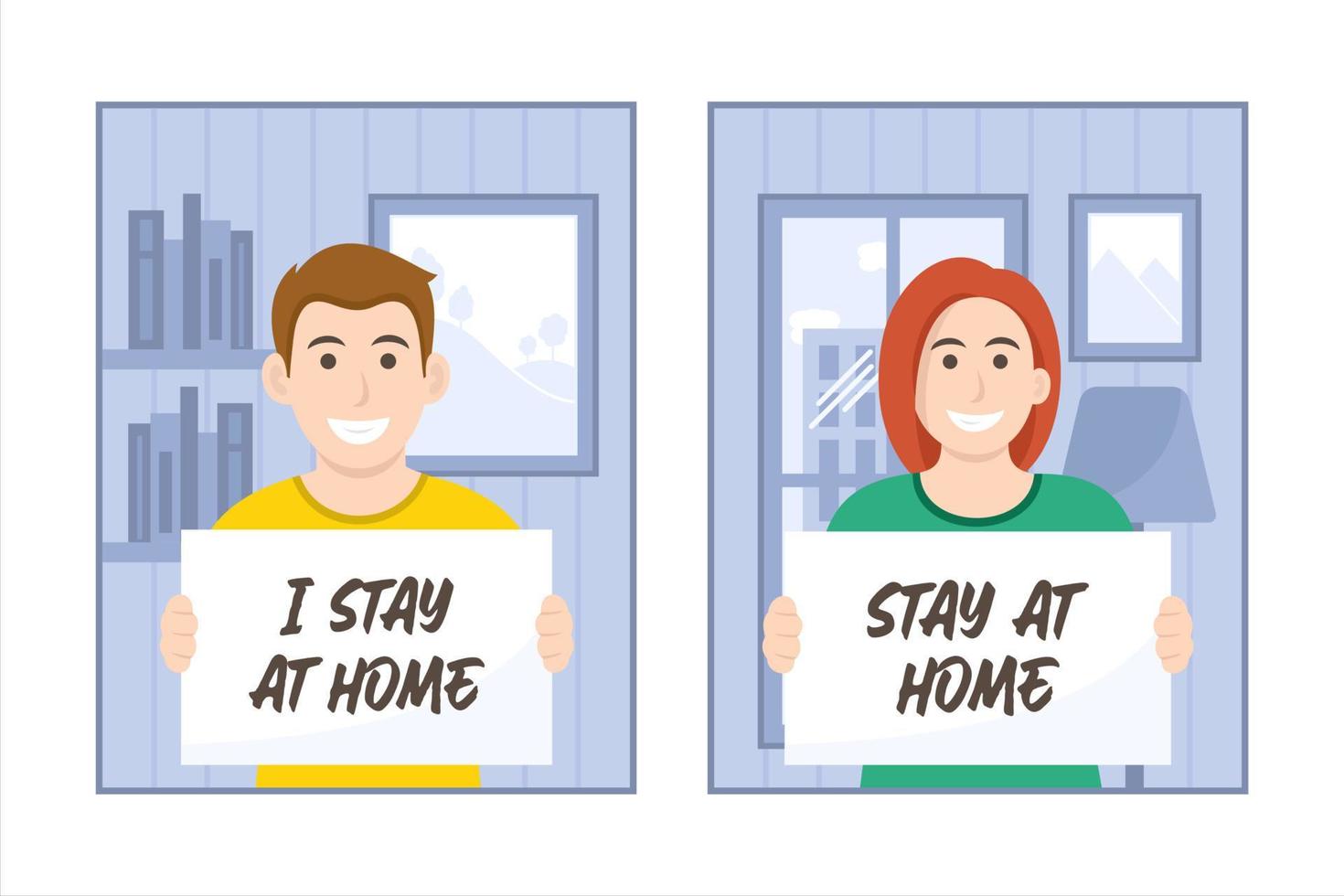 stay at home people holding banner vector