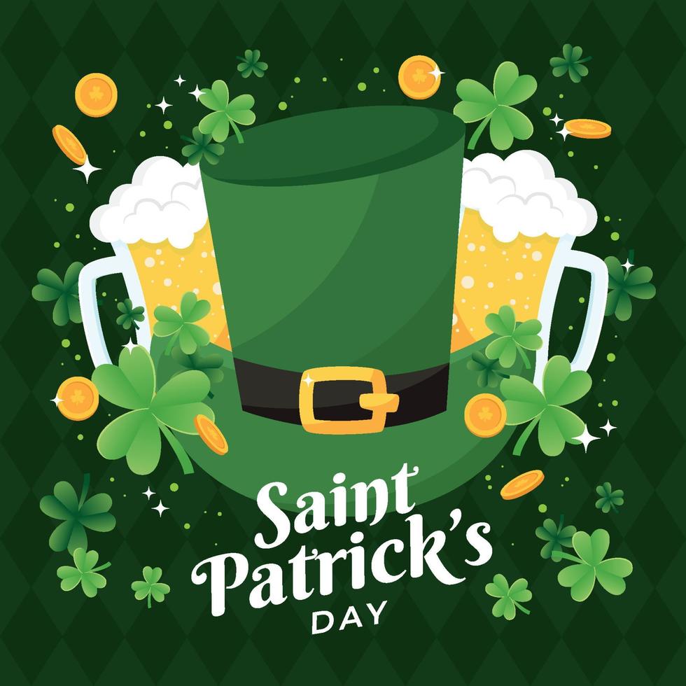 Saint Patrick's Hat with Clover and Gold Coin in Green Color Scheme vector
