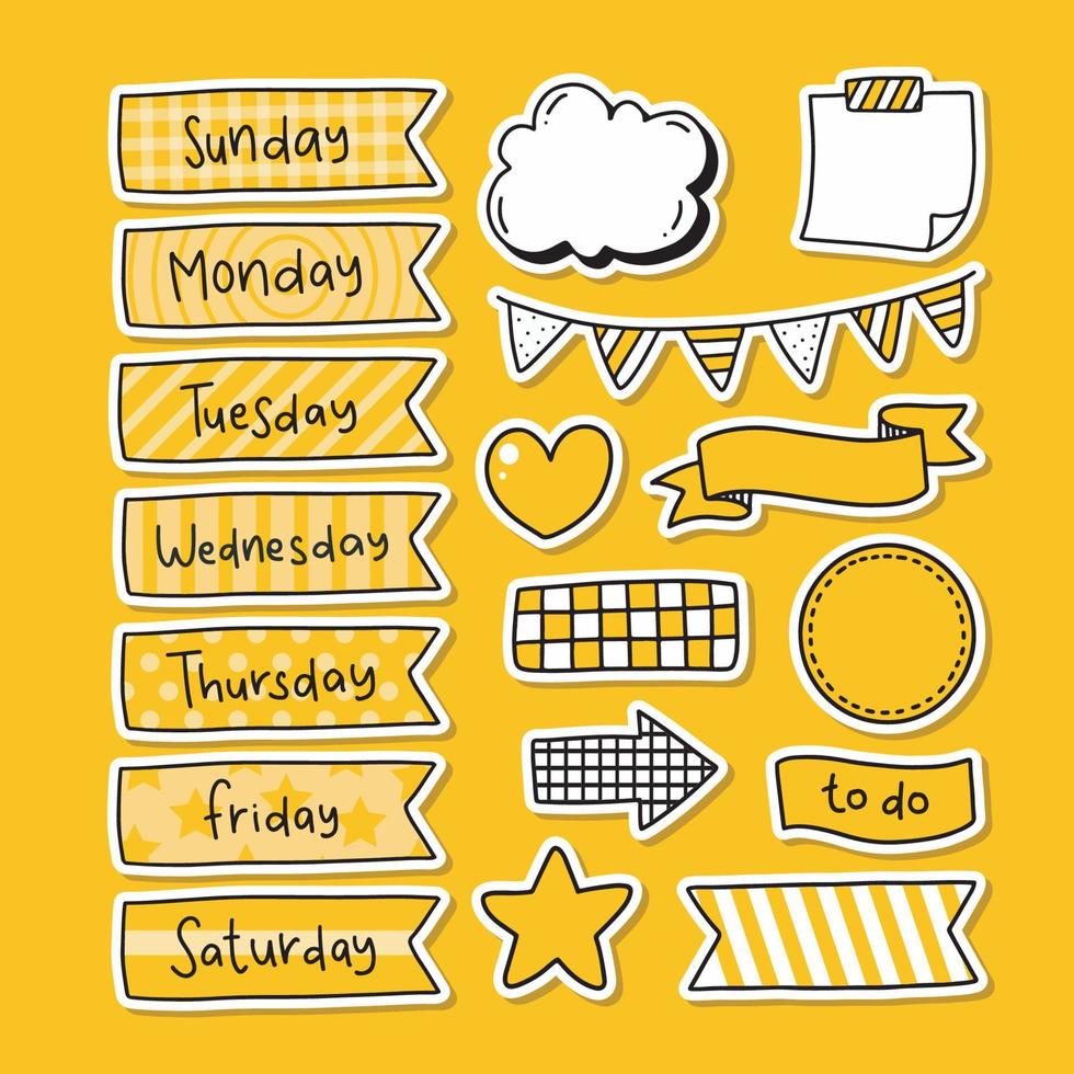 Monochrome Hand Drawn Sticker Set in Yellow and Black Color Scheme vector