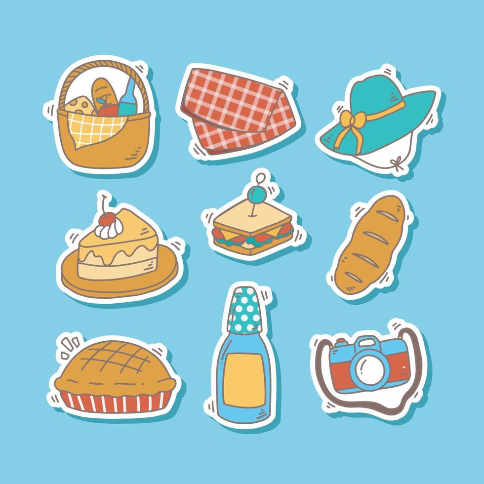 colección de lindas pegatinas de picnic dibujadas a mano para diario visual vector