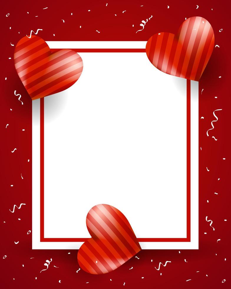 feliz tarjeta de felicitación de san valentín con corazón rojo y confeti en rojo vector premium