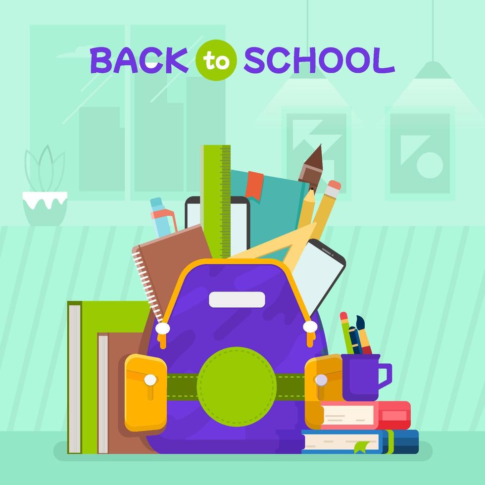 Bag With School Equipments And Books Concept vector