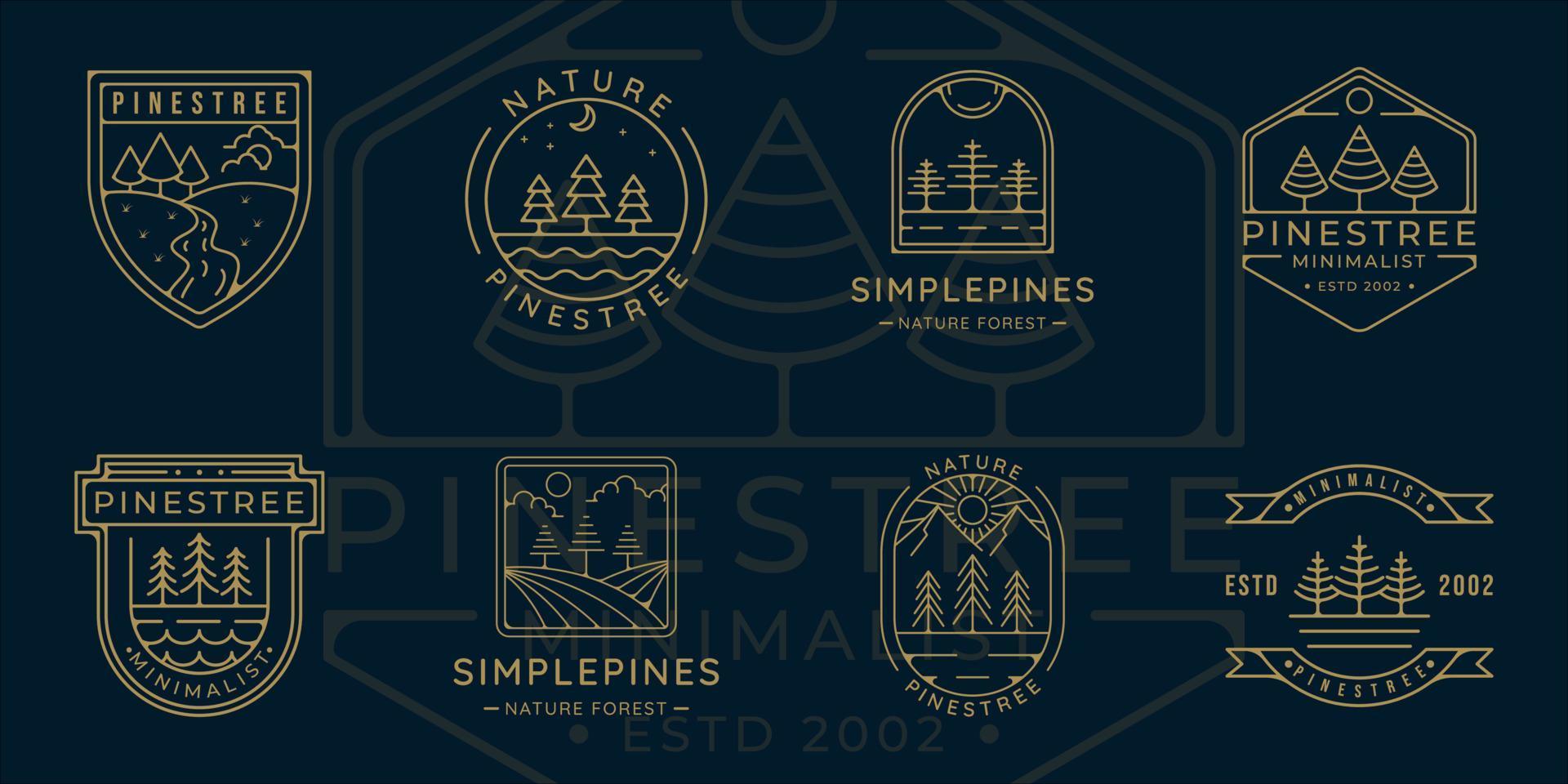 conjunto de pinos árbol logo línea arte simple vector ilustración plantilla icono diseño gráfico. colección de paquetes de pino en la naturaleza con varias insignias y tipografías