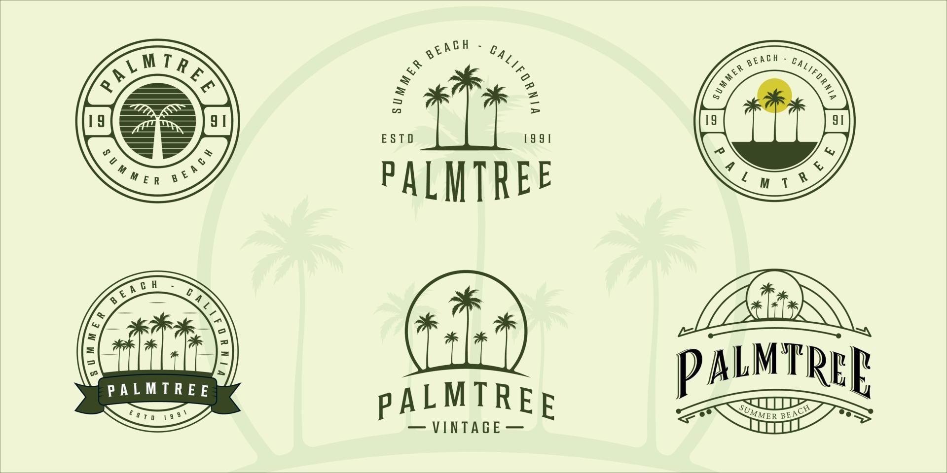 conjunto de palmera vintage logo vector ilustración plantilla icono diseño gráfico. colección de paquetes de varias plantas tropicales retro en la playa con estilo tipográfico