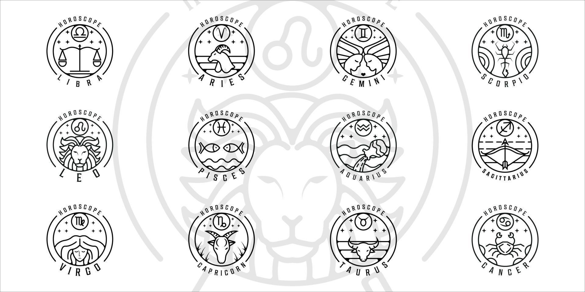 set of zodiac or horoscope logo line art vector illustration template icon graphic design. bundle collection of various circle badge of astrology with typography