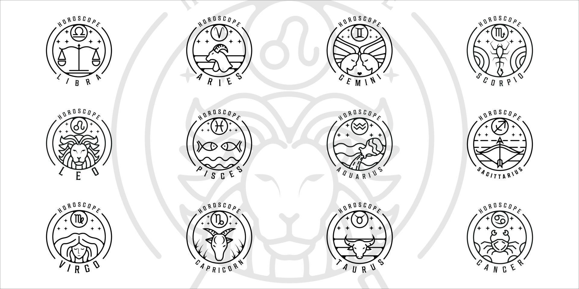 conjunto de zodiaco u horóscopo logo línea arte vector ilustración plantilla icono diseño gráfico. colección de paquetes de varias insignias circulares de astrología con tipografía