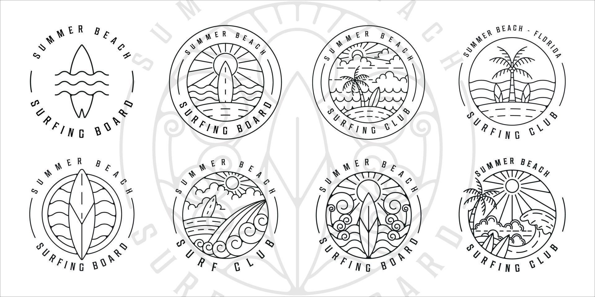 conjunto de diseño gráfico de icono de plantilla de ilustración simple minimalista de arte de línea de logotipo de surf. colección de paquetes de varios clubes de surf con círculo de insignia de tipografía vector