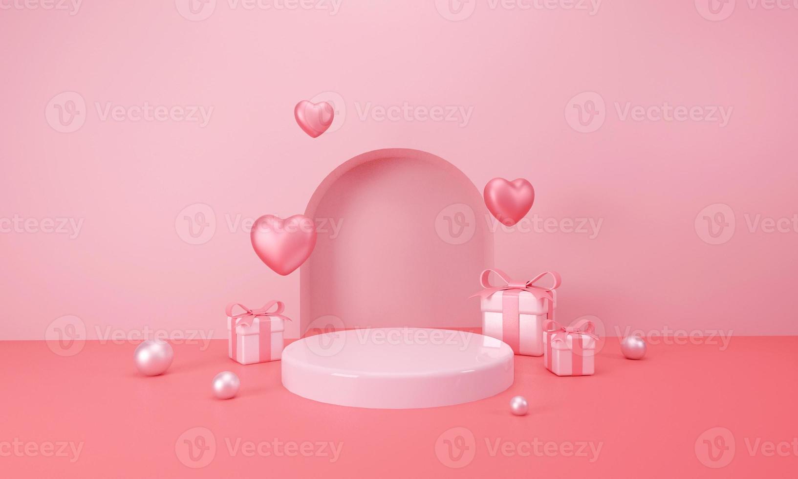 Happy valentines day with podium for product presentation and 3d composition photo