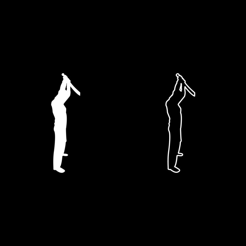 Man with sword machete from above Cold weapons in hand military man Soldier Serviceman in positions Hunter with knife Fight poses Strong defender Warrior concept Weaponry Stand silhouette white color vector
