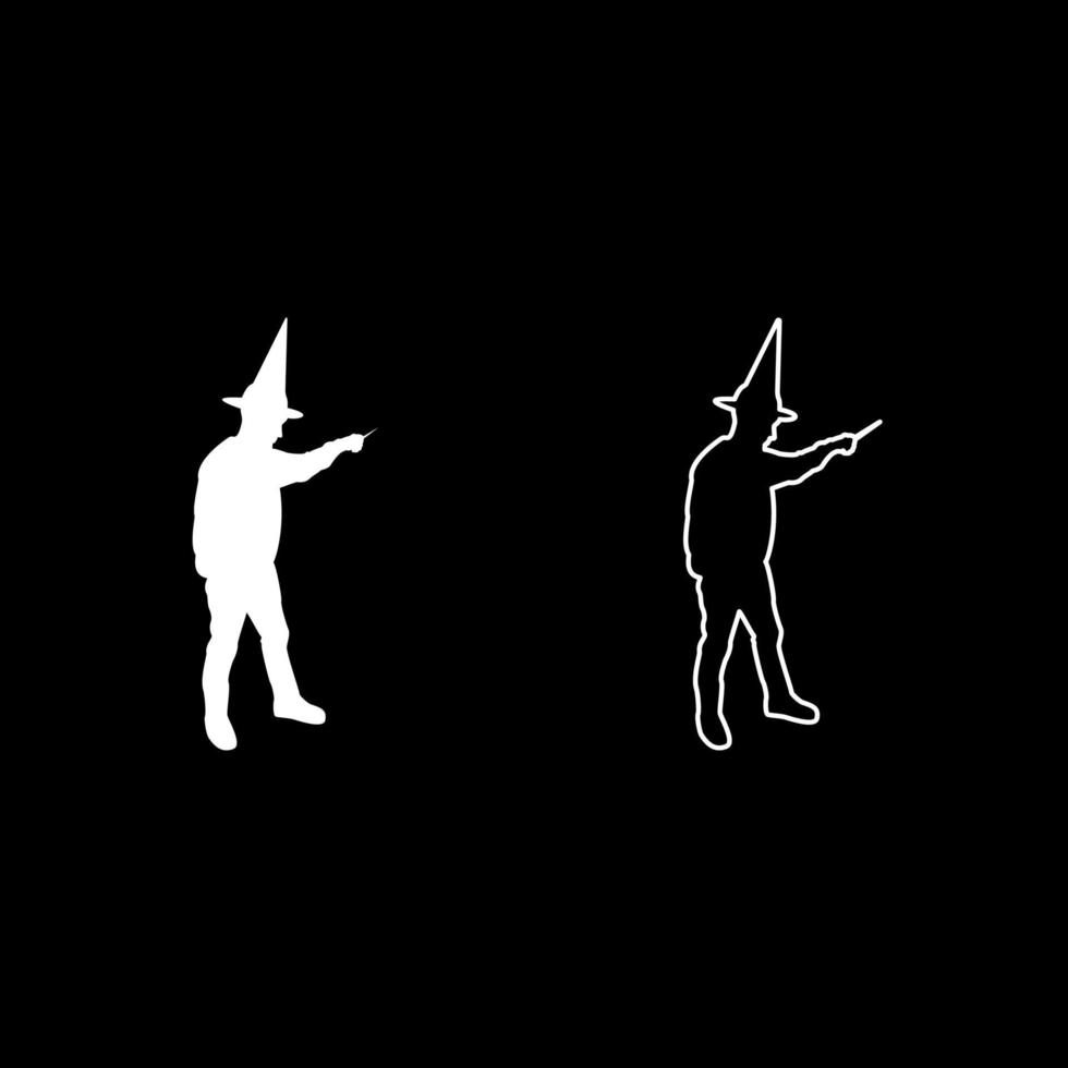 Wizard holds magic wand trick Waving Sorcery concept Magician Sorcerer Fantasy person Warlock man in robe with magical stick Witchcraft in hat mantle Mage conjure Mystery idea Enchantment silhouette vector