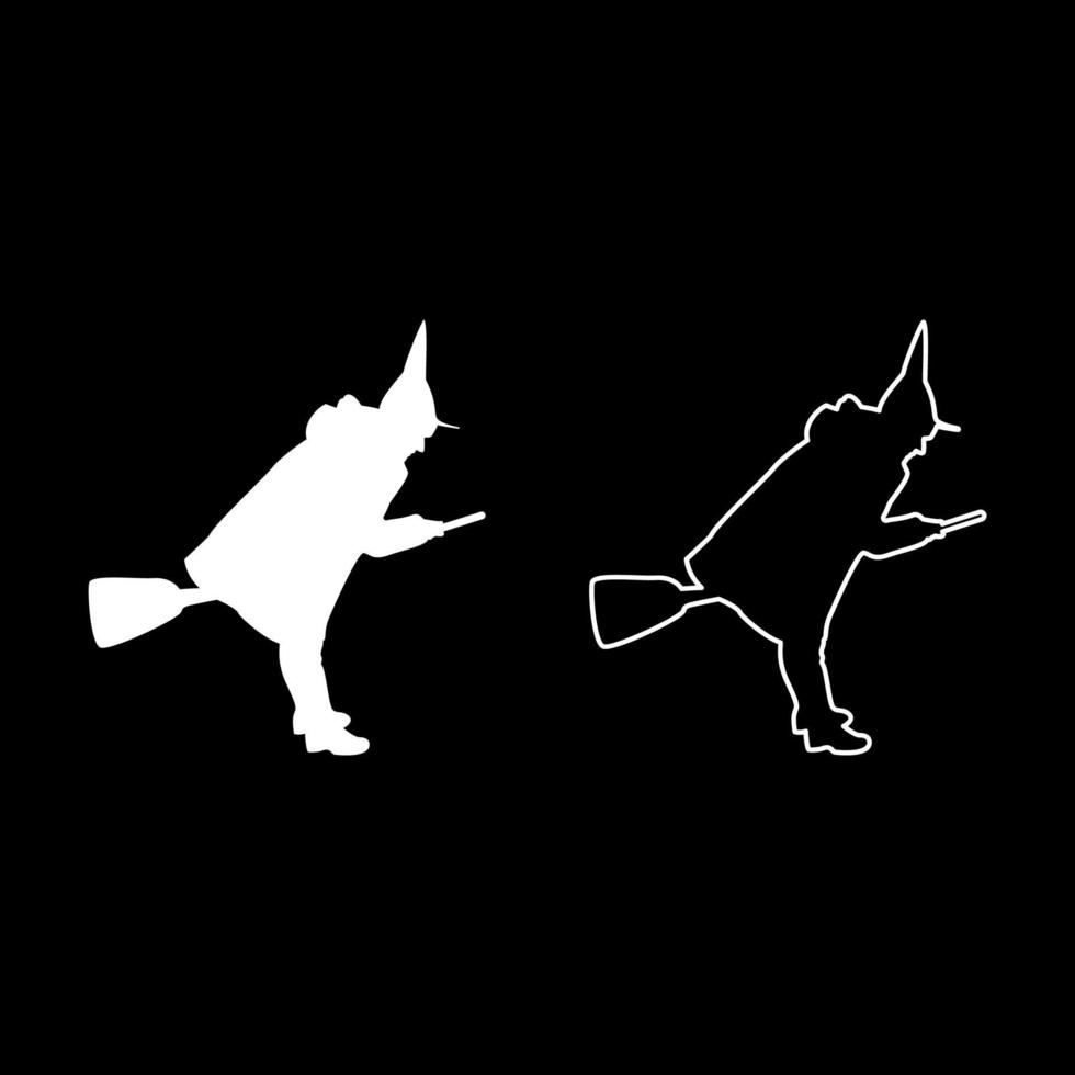 Fairy Wizard Witch flying on broom Subject for Halloween concept silhouette white color vector illustration solid outline style image