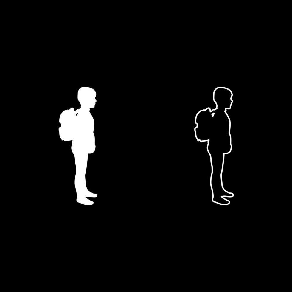 Schoolboy with backpack Pupil stand carrying on back Going to school concept Come back to school idea education Preschooler rucksack first September start lessons knapsack Side view silhouette white vector