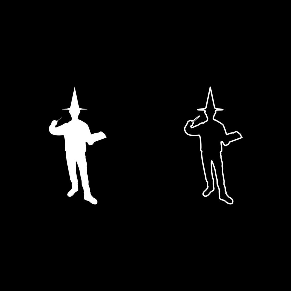 Wizard holds magic wand trick book Waving Sorcery concept Magician Sorcerer Fantasy person Warlock man in robe with magical stick Witchcraft in hat mantle Mage conjure Mystery idea Enchantment vector