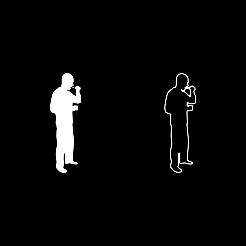 Man trying food from spoon standing Tasting concept Gourmet tries dish Chef trying silhouette white color vector illustration solid outline style image