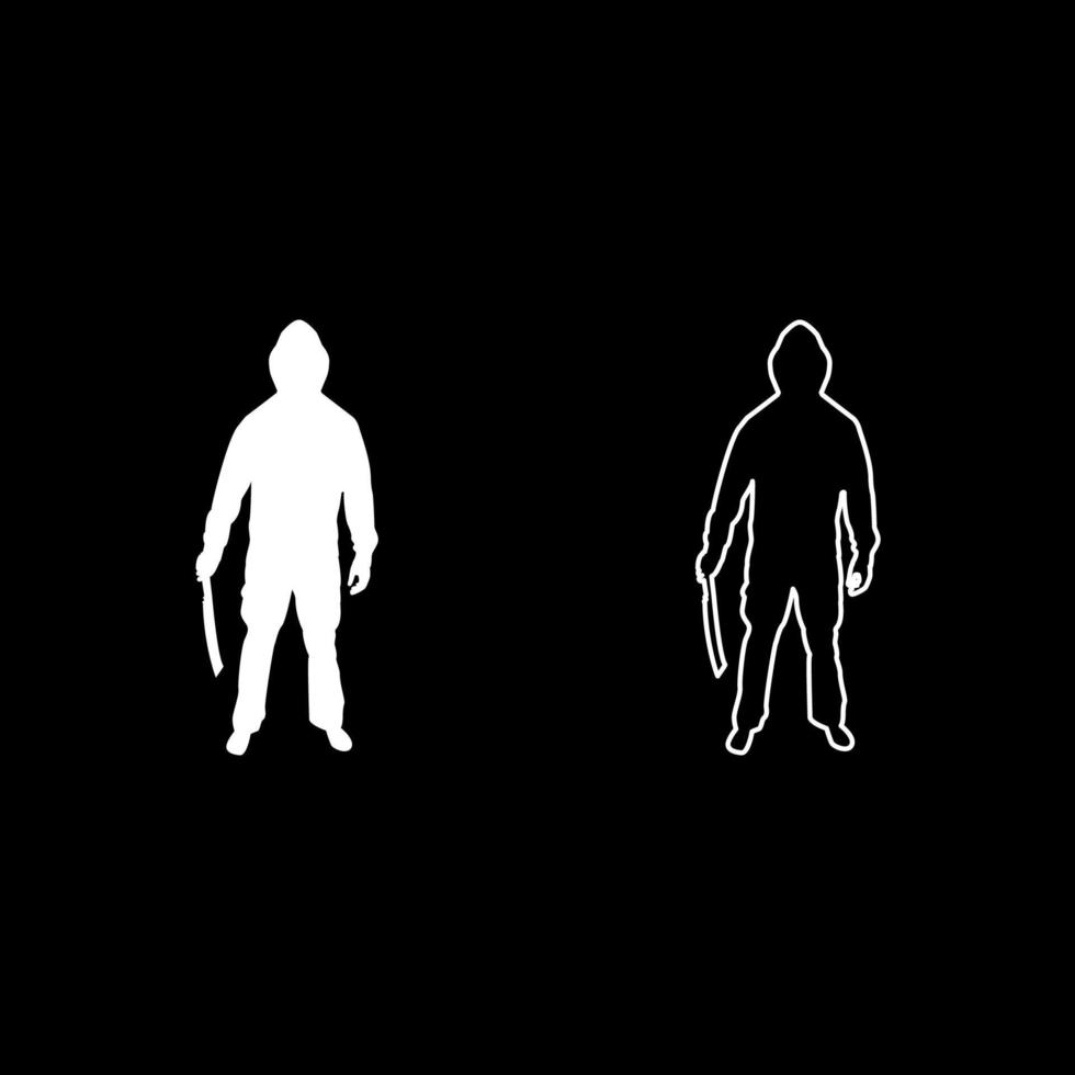 Man with sword machete Cold weapons in hand military man Soldier Serviceman in positions Hunter with knife Fight poses Strong defender Warrior concept Weaponry Stand silhouette white color vector