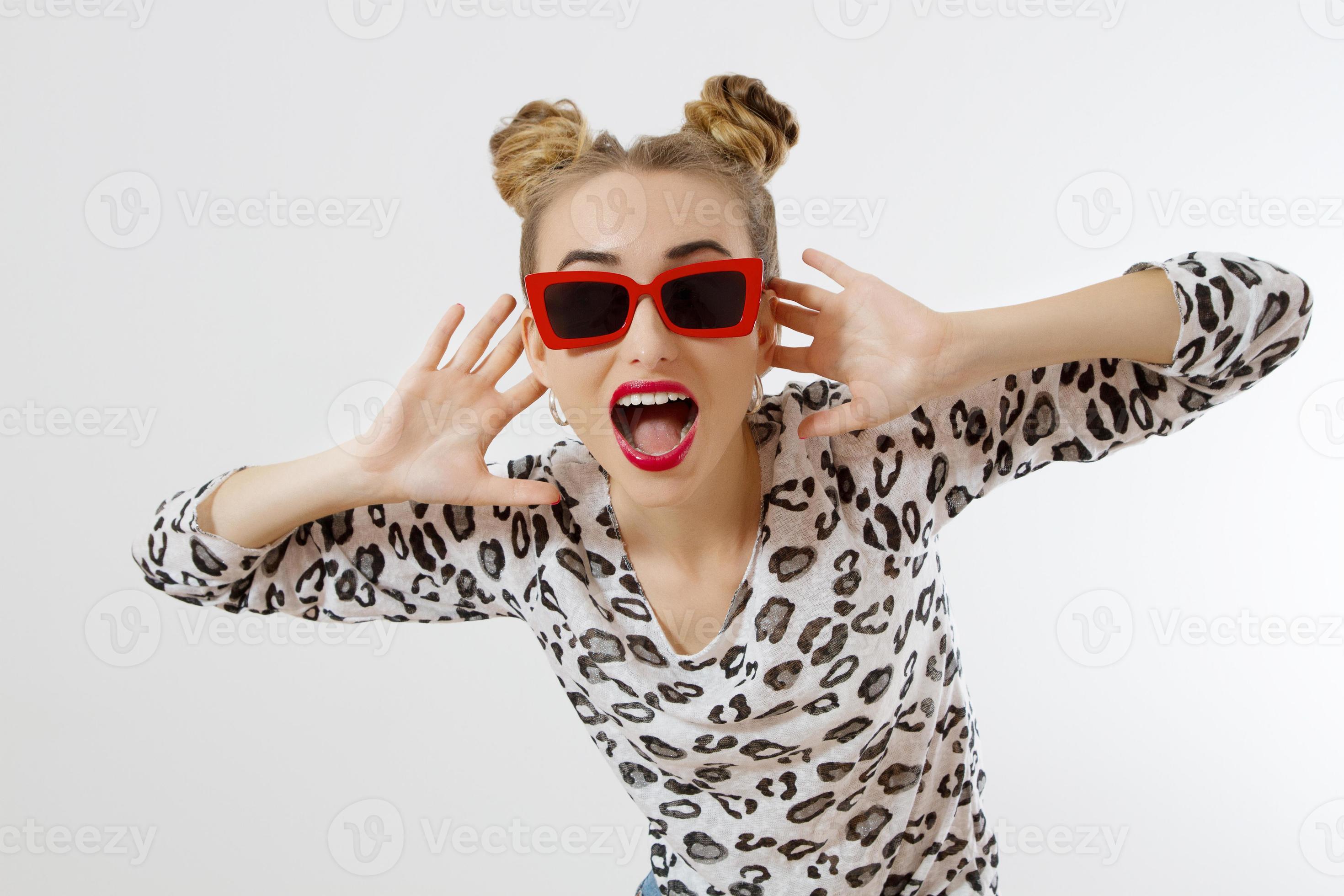 Shouting woman face. Fashion crazy female closeup in trendy clothes  isolated on white background. Summer fun time and summertime accessories. Funny  girl. 5418820 Stock Photo at Vecteezy
