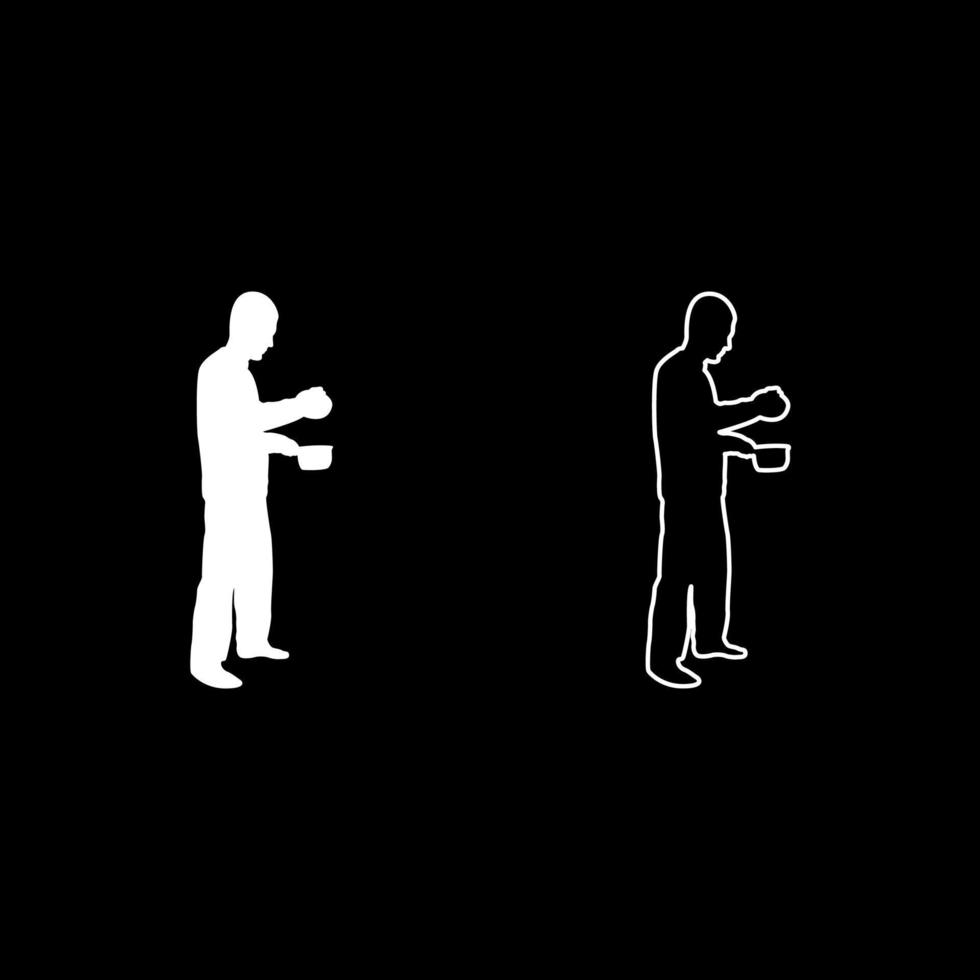 Man with saucepan in his hands preparing food Male cooking use sauciers with open lid silhouette white color vector illustration solid outline style image