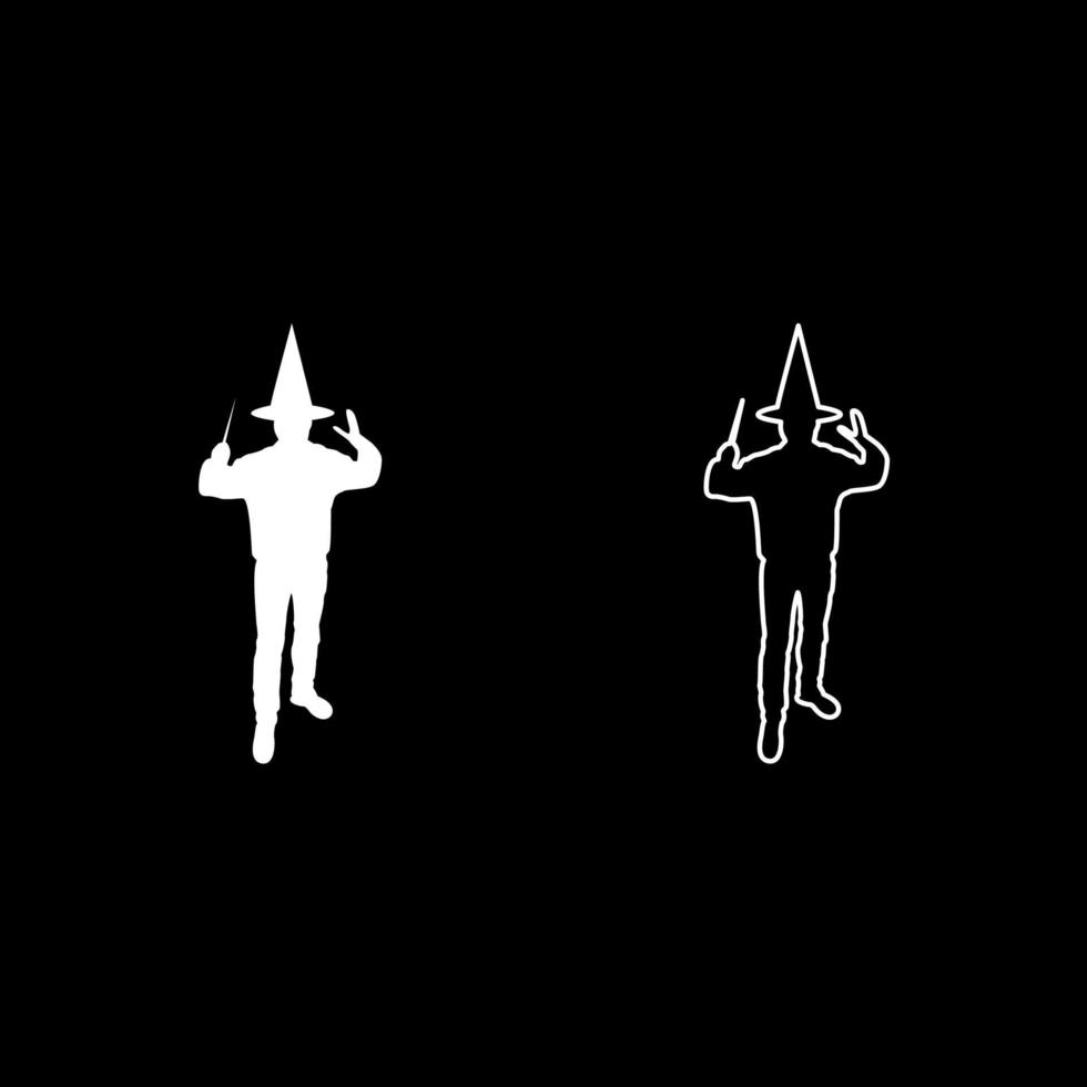 Wizard holds magic wand trick Waving Sorcery concept Magician Sorcerer Fantasy person Warlock man in robe with magical stick Witchcraft in hat mantle Mage conjure Mystery idea Enchantment silhouette vector