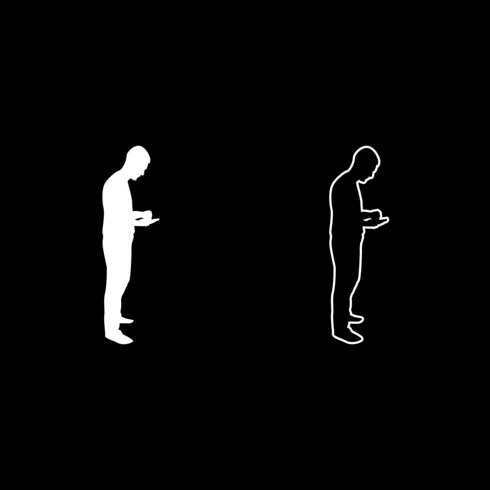Man holding smartphone phone Playing tablet Male using communication tool Idea looking phone addiction Concept dependency from modern technologies silhouette white color vector illustration solid