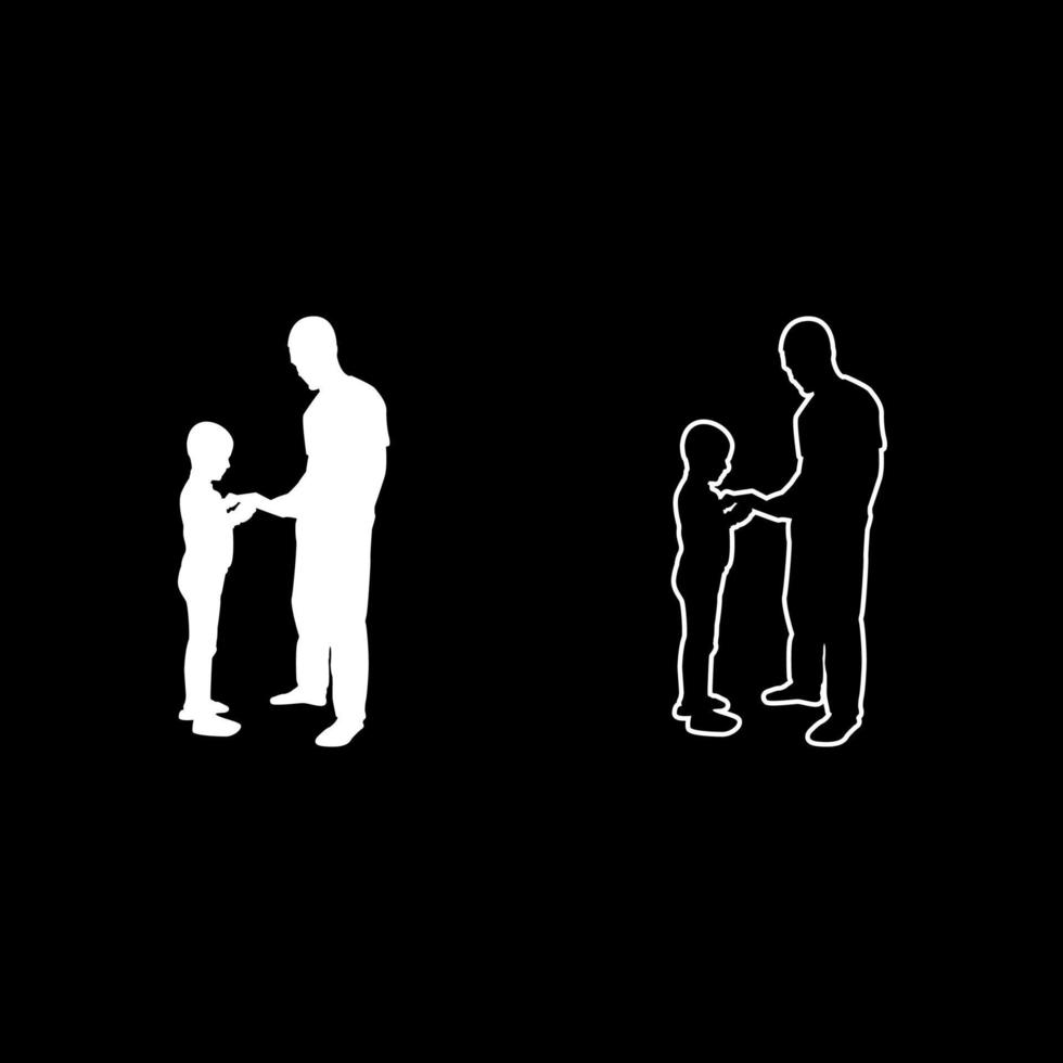 hombre transmite cosas a niño padre varón dar libro gadget teléfono inteligente hijo niños tomar algo papá relación familia concepto niño amistad niñito papá silueta blanco color vector