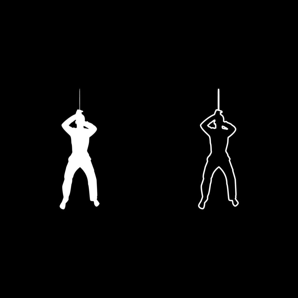 Man with sword machete from above Cold weapons in hand military man Soldier Serviceman in positions Hunter with knife Fight poses Strong defender Warrior concept Weaponry Stand silhouette white color vector