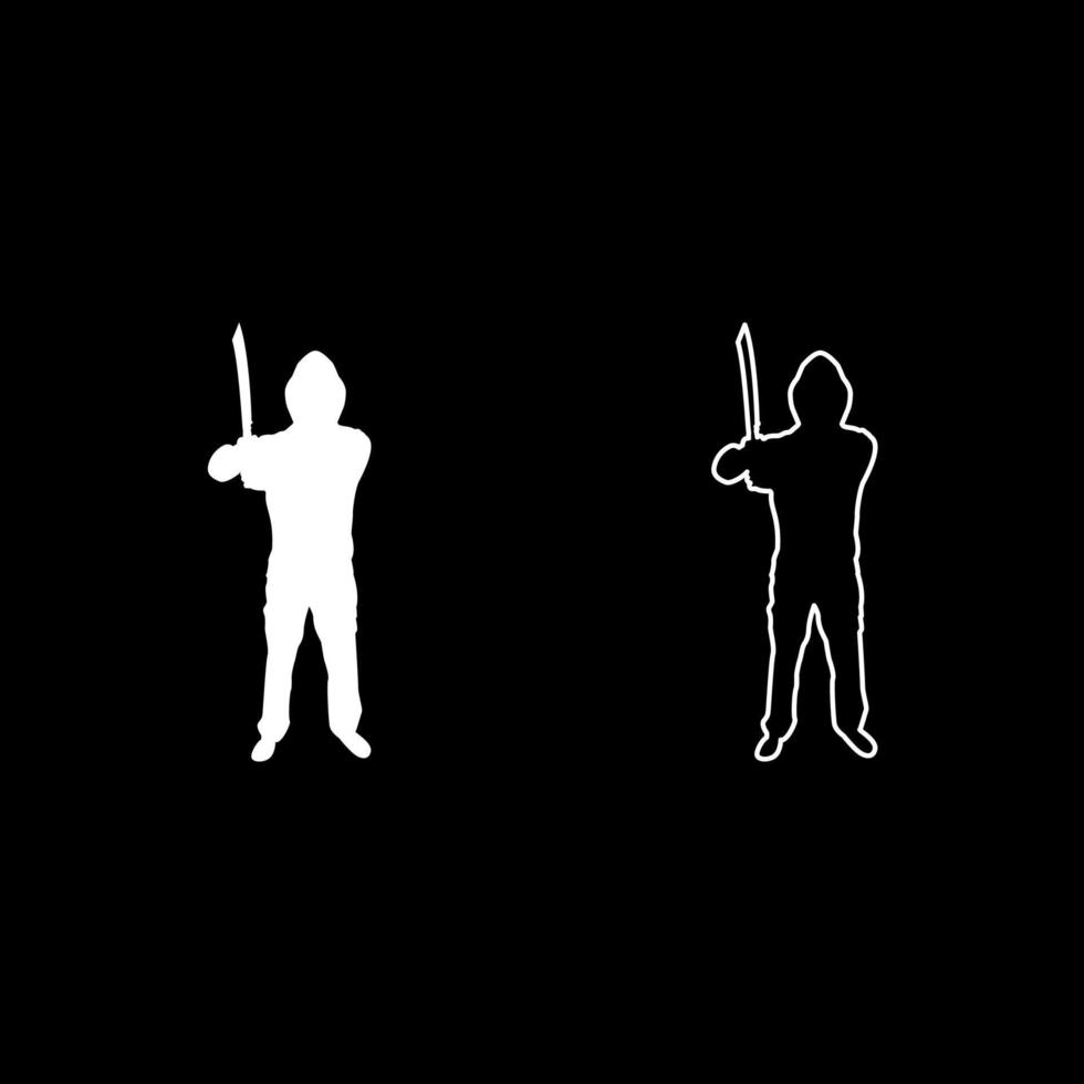 Man with sword machete Cold weapons in hand military man Soldier Serviceman in positions Hunter with knife Fight poses Strong defender Warrior concept Weaponry Stand silhouette white color vector