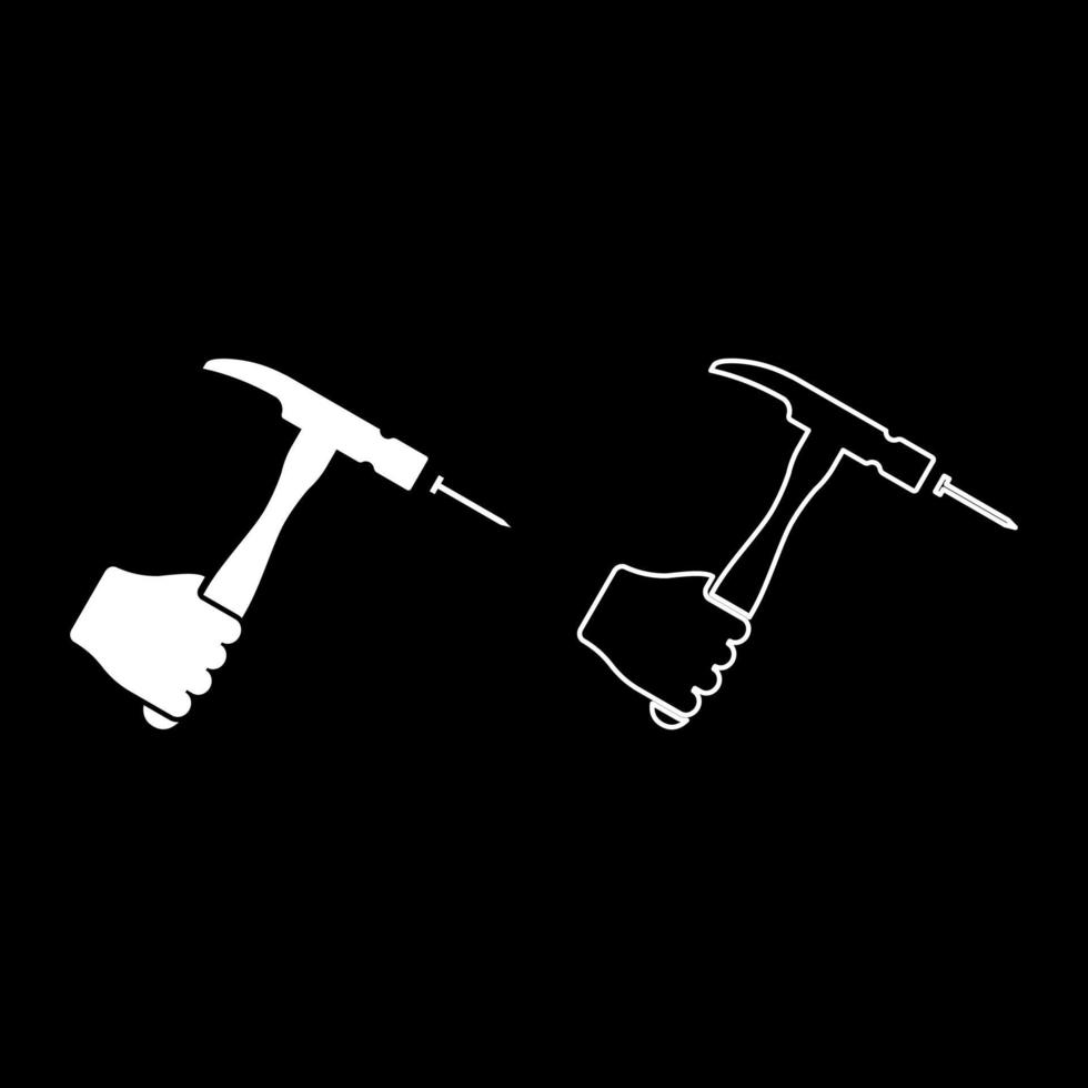 Hammer hits nail in hand claw holding Fixing and repairing working tools icon white color vector illustration flat style image set