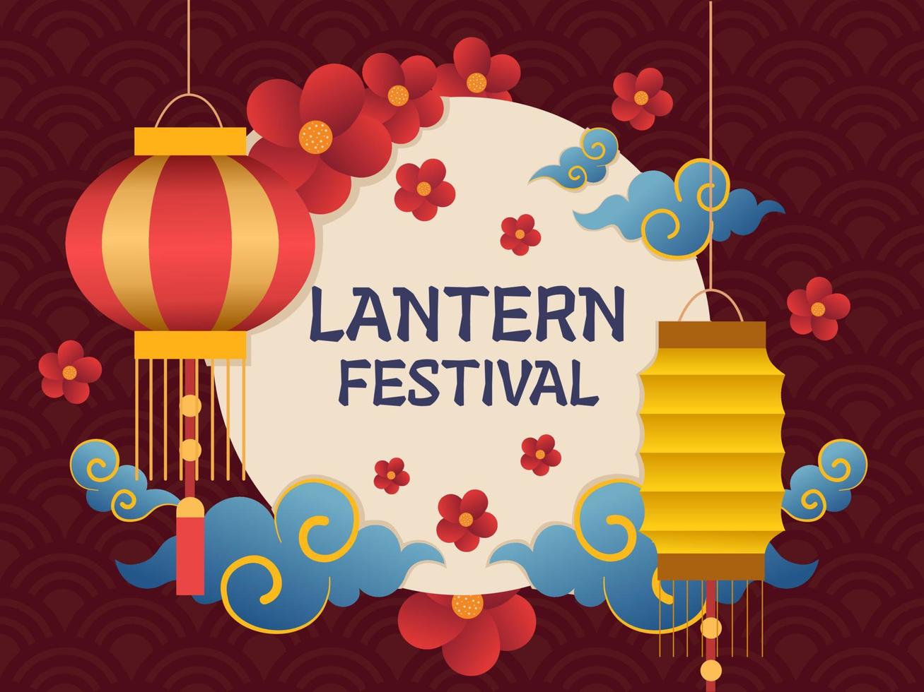 Lantern Festival design with hanging lantern, cloud, flower illustration. Mid Autumn Festival. Can be used for greeting card, invitation, banner, poster, web, animation, postcard, print, etc vector
